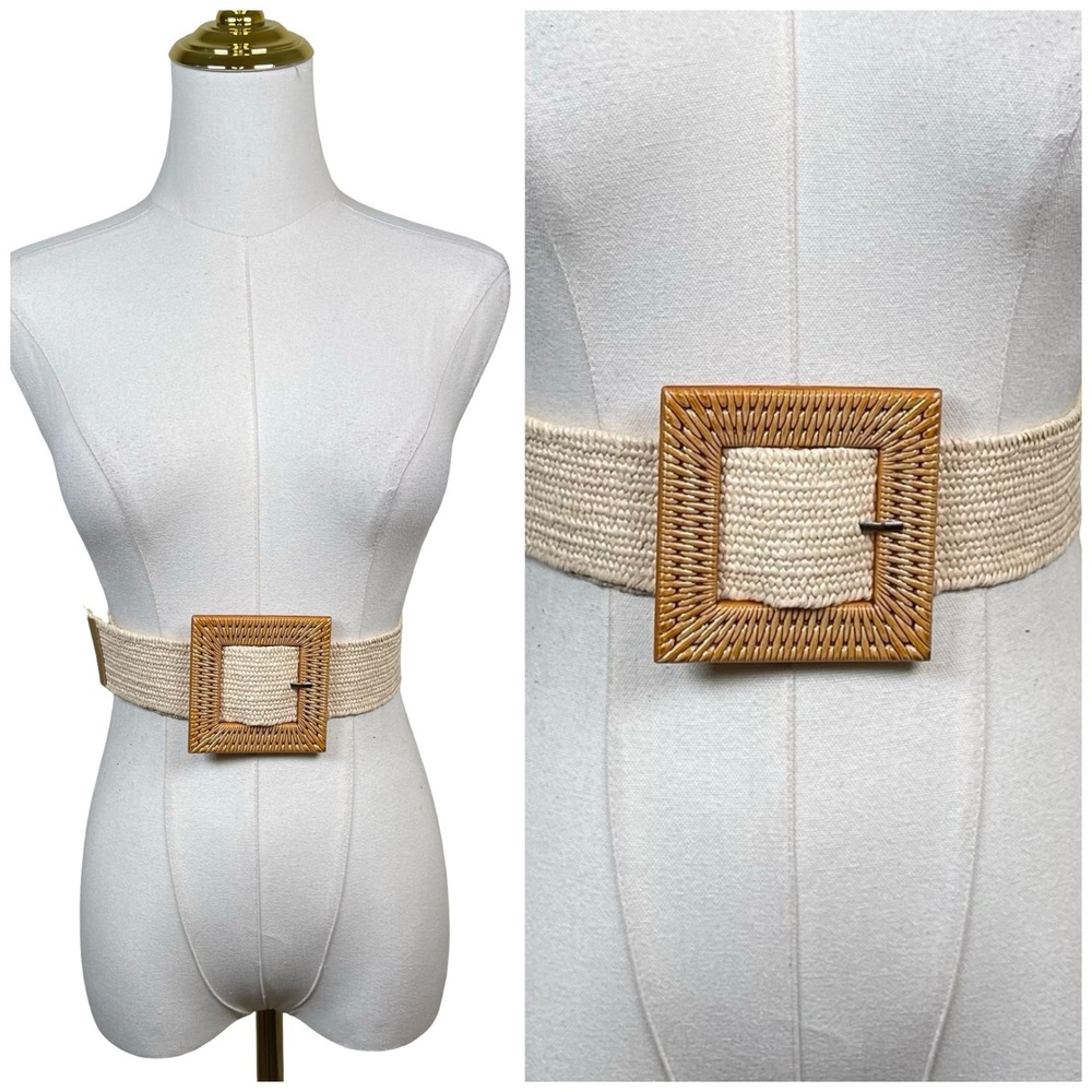Vintage Woven Straw Elastic Cinch Belt Women Tan Square Rattan Style Buckle Boho
